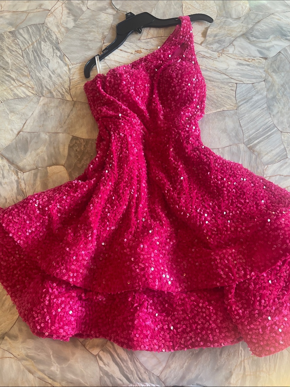 Oh Polly Fuchsia Sequin One-Shoulder Skater Skirt